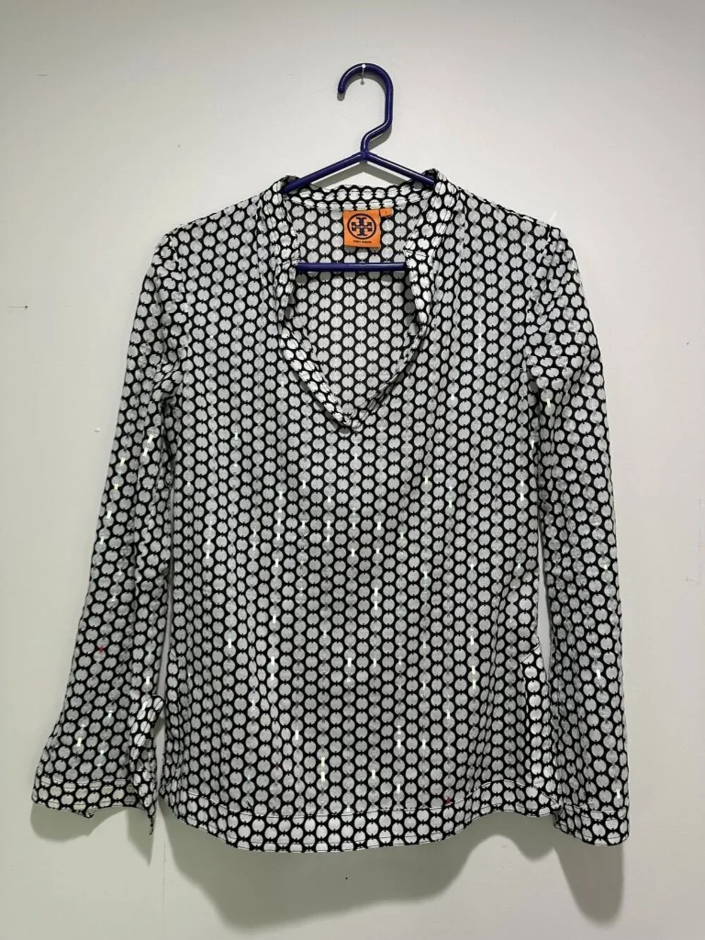 Tory Burch Sequined Black White Cotton Polkadot Bohoh Tunic Shirt